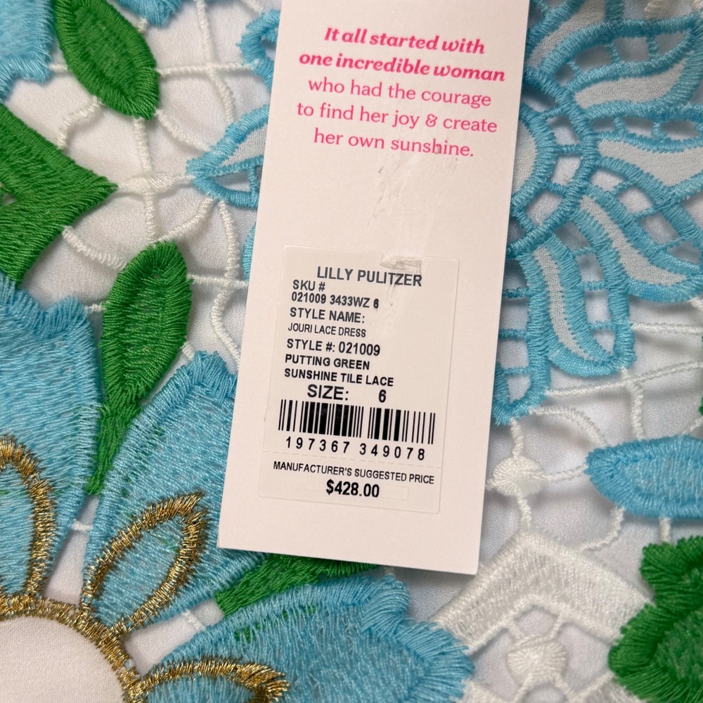 Lilly Pulitzer Jouri Lace Dress Putting Green Sunshine Tile Floral Blue Green 6 - Picture 4 of 8